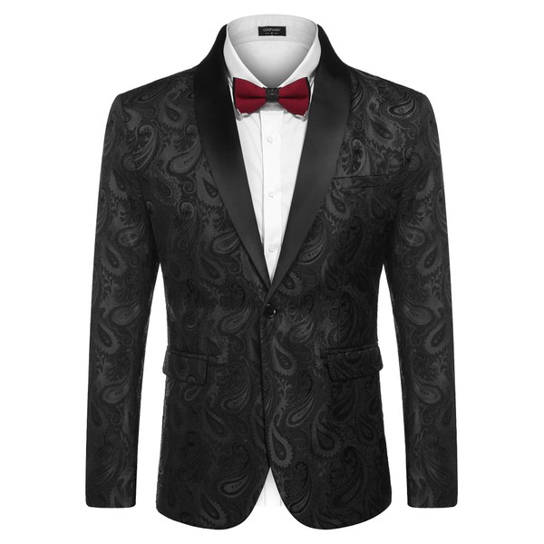 COOFANDY Mens Floral Tuxedo Jacket Paisley Shawl Lapel Suit Blazer Jacket for Dinner,Prom,Wedding Black
