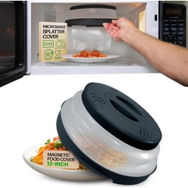 HOVER COVER Magnetic Microwave Splatter Cover with High Power, Strongest Magnetic Grip, Collapsible 12-Inch BPA-Free Food Lid, Vented Plate Guard, Dishwasher Safe, Space-Saving Storage - Black