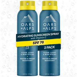 Oars + Alps Sunscreen Spray for Face & Body Spray Sunscreen Infused with Vitamin C & Antioxidants, No White Residue, Water & Sweat Resistant, All Skin Types, Lightweight, Hydrating, SPF 70, 6 Oz, 2pk