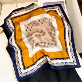 PoeticEHome 100% Real Mulberry Silk Women Small Square Neck Scarfs 21 inch Lightweight Neckerchief Printed Headscarf Gift Packed (H - Blue Yellow Printed)