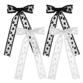 4 Pcs Large lace Hair Clips for Women Girls, Hair Clip Bows Metal Bow Hair Clips, Bowknots Barrettes with Long Tail Tassel Ribbon, Lace Tassel Bows Metal Clips with Long Tail Ribbons, Black&White
