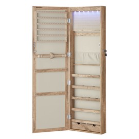 SONGMICS 6 LEDs Mirror Jewelry Cabinet, 47.2-Inch Tall Lockable Wall or Door Mounted Jewelry Armoire Organizer with Mirror, 2 Drawers, 3.9 x 14.6 x 47.2 Inches, Toasted Oak Color UJJC093N01