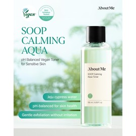 About Me Tónico Calmante Aqua Soop – Tónico Equilibrante Del Ph Con Agua De Ciprés De Jeju(90,6%) Para Todo Tipo De Piel – Exfoliación Suave Diaria Con Ácido Mandélico Y Centella – Cuidado Coreano De