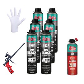 Akfix 892P Black Spray Foam Sealant Kit (6x24oz)- UV Resistant Spray Foam Insulation, Waterproof, Polyurethane Expanding Foam for RV, Pond, Waterfall & Landscape | Gun&Cleaner Included, 24oz 6 Pack