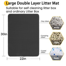 Petinstinct Cat Litter Mat, 30 x 22 Inches Extra Large Honeycomb Double Layer Cat Litter Trapping Mat, Non Slip Waterproof Urine Proof Cat Litter Box Mat, Black