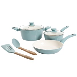 Gibson Home Plaza Café Forged Aluminum Healthy PFA-Free Ceramic Pots and Pans Cookware Set, 7-Piece Set, Sky Blue