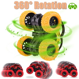 Toys Cars for 2+ Year Old Boys, 2 Pack Pull Back Cars, Hot Wheels Monster Trucks, 360 Degree Rotation Push and Go Vehicle, Inertia Car Racing Game Toys Gift for 3 4 5 6 Toddler, Red and Yellow