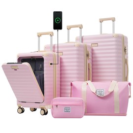 Merax Luggage Sets Front Opening, 3 Piece Hardshell Suitcase with Spinner Wheels and Bags,Lightweight Carry on Luggage with USB Port and Cup Holder,20+24+28,Pink