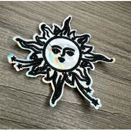 Unbranded IRIDESCENT STELLAR SUN WITH A FACE TATTOO ART STYLE IRON ON PATCH 3.15" X 3.25"