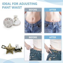 ROPAKED 16 Sets Buttons Pins for Loose Jeans Pant Waist Tightener No Sew Jeans Button Replacement, Reusable Waist Cincher Clip Adjustable Pants Button Tightener Metal Star Brooch for Clothing