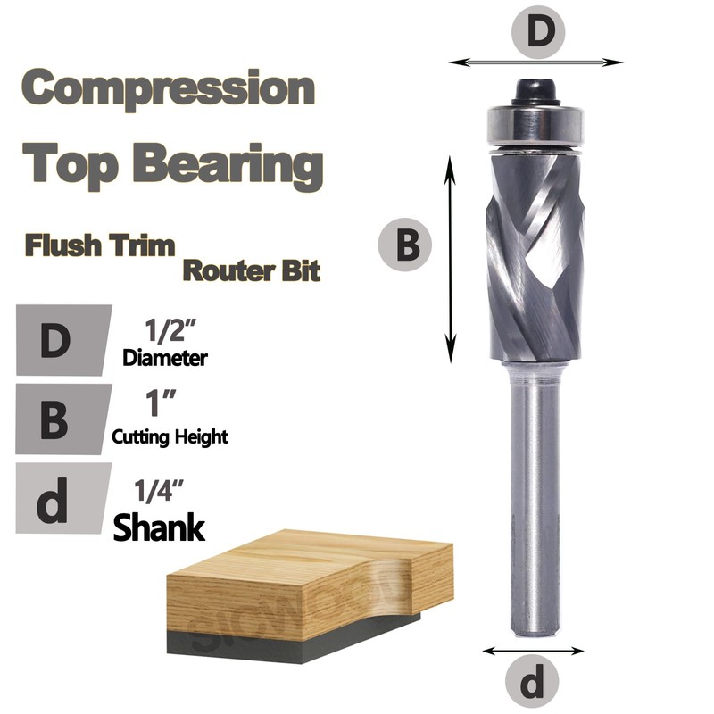 SICWOOD Up-Cut Top Bearing Flush Trim Router Bit 1/4 Shank