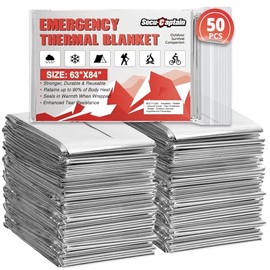 SecuCaptain Survival Emergency Thermal Blankets: Extra Large 84” x63” Space Mylar Blanket Kit for Outdoor Cold Winter Camping Hiking Car Bug Out Bag or First Aid - 50 Pack