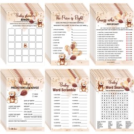 Jetec 302 Pcs Bear Baby Shower Game 6 Game Activities for 50 Guests Includes Baby Bingo, The Price is Right, Guess Who, Prediction and Advice, Word Search, Word Scramble (Brown Bear)
