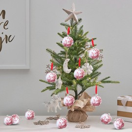 24Pcs Farmhouse Christmas Ball Ornaments 2.36 inch Red Toile Ball Ornaments French Country Rustic Vintage Fabric Wrapped Christmas Ball Ornaments Foam Hanging Ball Ornaments for Xmas Tree Decor