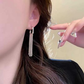 Allereyae Vintage Silver Tassel Fringe Earrings Long Chain Tassel Earrings Linear Fringe Drop Sleek Chain Dangle Statement Jewelry for Women