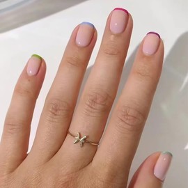 French Tip Press on Nails Short Square Shaped Fake Nails with Rainbow Colorful Design French False Nails Glossy Pink Full Cover Acrylic Nails Square Stick on Nails for Women 24 Pcs