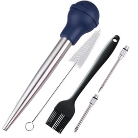 zoyizi Turkey Baster, Baster Syringe for Cooking, Stainless Steel Baster with Marinade Injector Neddles &BBQ Brush & Cleaning Brush, Silicone Bulb, Stainless Steel Turkey Baster Set 5, Color Blue