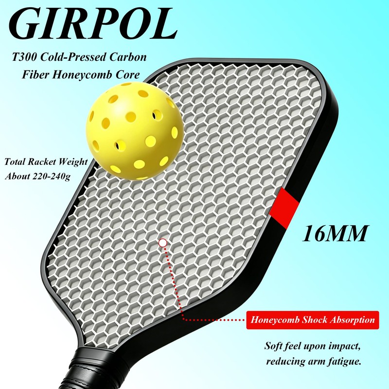 USA flagT300 Carbon Fiber Pickleball Paddle,16mm PP Honeycomb Core,Soft Feel