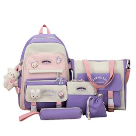 TABANA 5Pcs Kawaii Anime Canvas School Backpack Combo Set with Pins Cute Bear Pendant Aesthetic Daypack Laptop School Essential Kit (Purple)