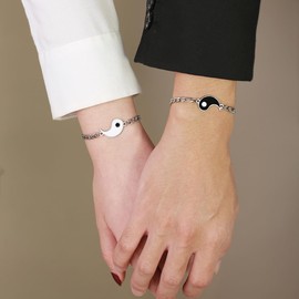 Yin Yang Bracelets for 2 Matching Adjustable Promise Love Heart Engagement Statement Stainless Steel Bracelet Set for Couple Friendship Relationship Boyfriend Girlfriend Valentines Best Friends Gift