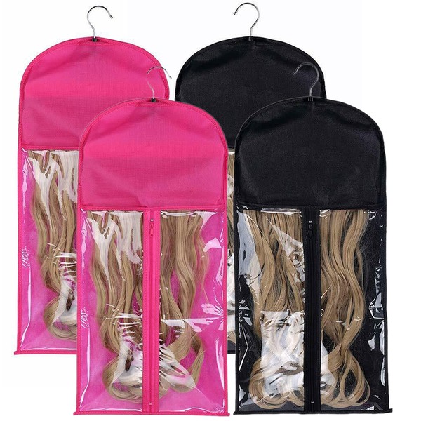 Jitony 4 PCS Wig Storage Bags with Hangers, Portable Wig Storage Bags, Wig Piece Storage Bags, Store Wigs Prevent Dust and Moisture, Black and Rose red, 8 Piece Set