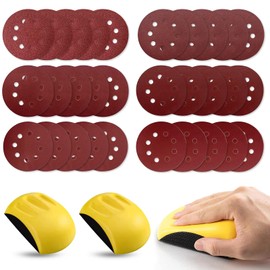 Sanding Block, Pack of 2 Sanding Block with 30 Sheets of Sandpaper, 5 Inch Sanding Sponge, Round Sanding Discs, 125 mm, Velcro Grit 60/120/180/320/400/600 for Wood, Metal, Furniture Restoration