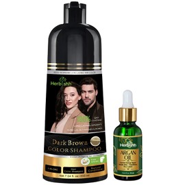 Herbishh Dark Brown Hair Dye Shampoo 200ml + Argan Oil 30ml – Grey Coverage & Frizz Control Combo – 3-in-1 Color, Cleanse & Repair