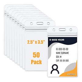 ZANQU 50 Pack Thick ID Badge Holders, Vertical Clear Card Holder with Waterproof Resealable Zip (50 Pack Vertical)
