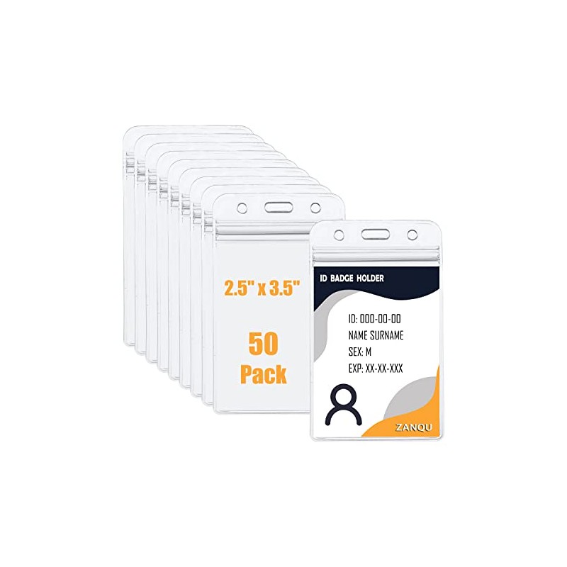 ZANQU 50 Pack Thick ID Badge Holders, Vertical Clear Card