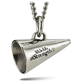 Shields of Strength Stainless Steel Cheer Megaphone Necklace - Phil 4:13 Bible Verse Christian Scripture Faith Pendant Cheerleader Athlete Girls Women
