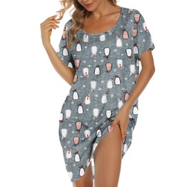 ENJOYNIGHT Womens Nightgown Cotton Sleep Shirt Femme Nightshirt Short Sleeves Pajamas Night Dress (3X-Large, Penguin)