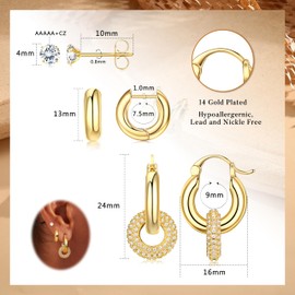 Dochais Small Gold Huggie Hoop Earrings Set for Women, 14K Gold Plated Brass Thick Chunky Hoop & Cubic Zirconia cartilage and Studs, Lightweight Hypoallergenic Dainty Jewelry for Women (Gold)