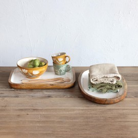 Creative Co-Op Oval Enameled Mango Wood Tray, White and Natural