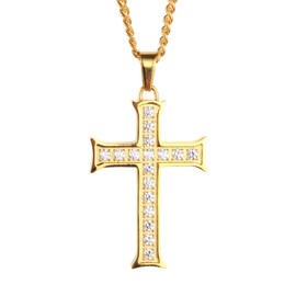 PAURO Men's Stainless Steel Cubic Zirconia Micro Pave Cross Pendant Necklace Gold