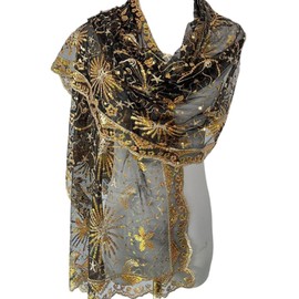 Xvbhaq Women's Sequin Lace Pashminas Black Embroidery Stole for Travel Festive Evening Dress Bridal Wedding, black gold