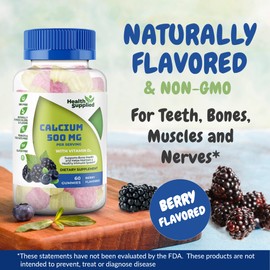 Health Supplied Calcium 500mg with Vitamin D3 1000 IU Gummies | Daily Dietary Supplement | Bone Strength, Growth, Teeth | for Adults, Teens, Kids | Great Tasting Natural Berry Flavor Vitamin Gummy