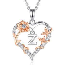 EUDORA Rose Heart Initial Z Necklace for Women Letter Z Alphabet Initial Necklaces Copper Rhodium Plated Pendant with Cubic Zirconia, Initials Jewelry Gifts for Women Wife 18"