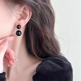 MALOYANVE Double Pearl Earrings for Women Elegant 925 Sterling Silver Lightweight Statement Freshwater Balls Bead Stud Earrings Wedding Bridal Party Jewelry Gifts (Black)