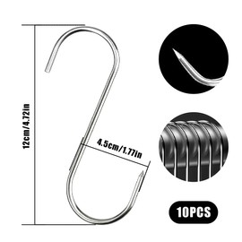 Jitnga Pack of 10 Butcher Hooks, Stainless Steel, S-Shaped Wall Hook, for Hot and Cold Smoking, for Chicken, Hunting, Rib Smoking (12 cm, Pack of 10)