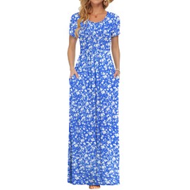 AUSELILY Women's Short Sleeve Loose Plain Casual Long Maxi Dresses for Women 2025 Floral Blue White M