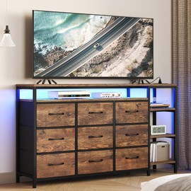 BTHFST 9 Drawers Dressers for Bedroom with LED Lights & Powers Outlets, 53 Inch Dresser TV Stand for 55, 60 Inch TV, Entertainment Center with Drawers & Open Shelves for Living Room, Bedroom