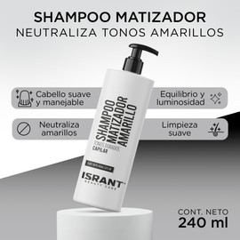 ISRANT | Shampoo Matizador Amarillo para Rubios y Decolorados - Neutraliza Tonos Amarillos | Completa Neceser de Viaje - Baño Accesorios | Cuidado del Cabello Teñido 240ml