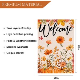 LHSION Welcome Fall Garden Flag 28 x 40 Inch Maple Leaf Pumpkin Decorative House Yard Double Sided Flag for Autumn Thanksgiving Day Decoration