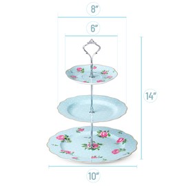 BTaT- Floral 3 Tier Cake Stand, Porcelain, Pastel Blue with Pink Roses & Gold Trim, 3 Tiered Dessert Stand for Cookies, Cupcakes & Fruits, Dishwasher Safe