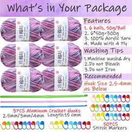 Crochet Yarn Balls(6 X 50g, 4-Ply), Knitting Wool Yarn for Crochet, Double Knitting Wool with Aluminum Crochet Hooks Stitch Markers, Acrylic Yarn for DIY Craft and Crochet Project (E-Blue-Pink)