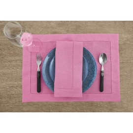 Solino Home Linen Placemats Set of 4 - Classic Hemstitch Flamingo Pink Placemats 14 x 19 Inch - 100% Pure Linen Table Mats for Summer