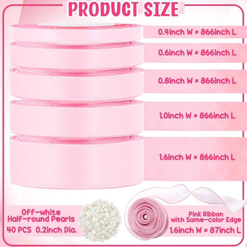 5 Rolls Pink Satin Ribbon 120 Yard Solid Fabric Ribbon