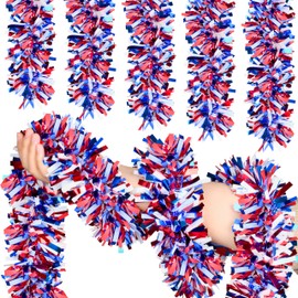 50FT 4th of July Patriotic Tinsel Garland, Glitter Tinsel Garlands with Star, Metallic Holiday Hanging Streamers for Memorial Day Independence Day Indoor Outdoor Party Decor (Red, Blue, White)