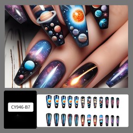 Planet Press on Nails Long Length Ballet Shaped Fake Nails Starry Sky Pattern Design Full Cover Stick on Nails Glossy Artificial Nails Press Nails with Charm Acrylic Glue on Nails for Women 24Pcs