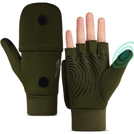 EEFOW Half Finger Flip with Touch Screen Winter Gloves: Outdoor Thermal Gloves Warm Running Fingerless Glove Windproof Cycling Gloves for Bicycle Work Football Motorcycle Sports Black, Green